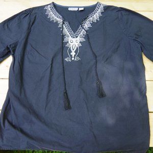 2XL 100% Cotton Embroidered 3/4 Sleeve Navy & Silver Tunic Top